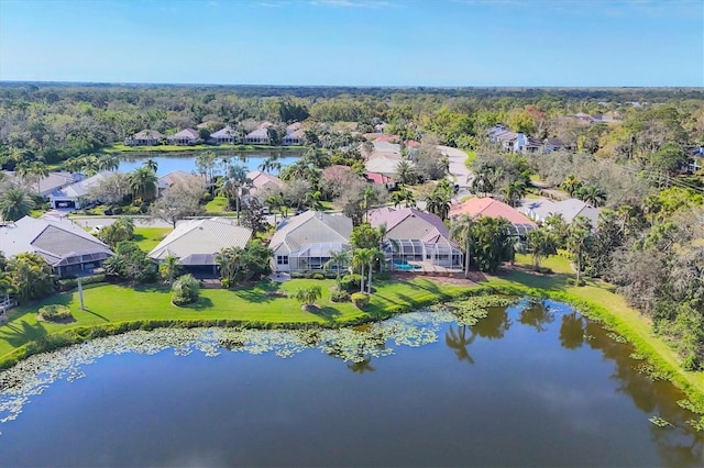 birds eye view of property featuring a water view and a residential view