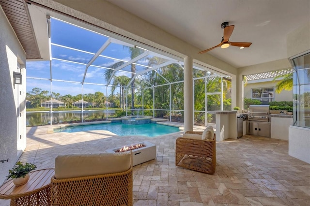 view of pool with area for grilling, grilling area, glass enclosure, and ceiling fan
