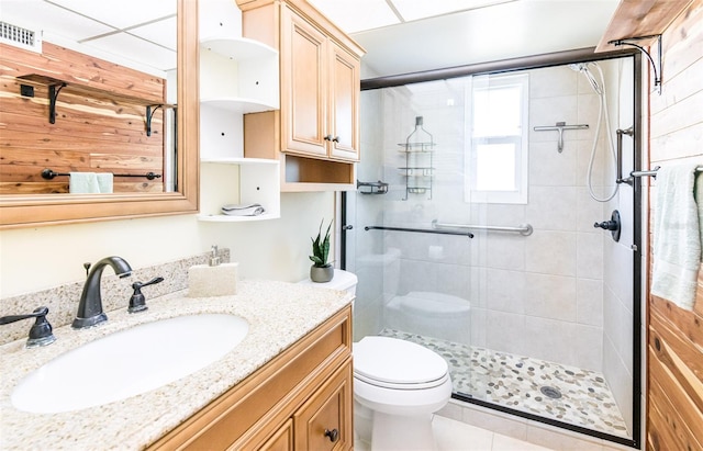 bathroom with visible vents, a stall shower, vanity, and toilet