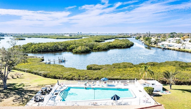 birds eye view of property featuring a water view