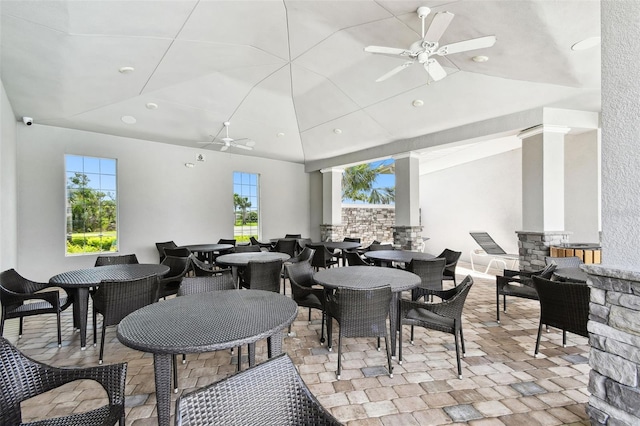 4918 Gray Owl Ter, Palmetto, FL 34221 - dining area with ceiling fan, lofted ceiling, and recessed lighting