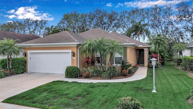 ranch-style house with a garage, concrete driveway, stucco siding, roof with shingles, and a front yard