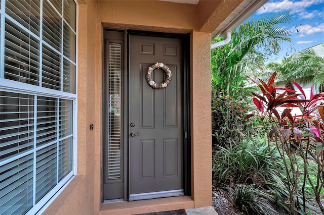 doorway to property with stucco siding