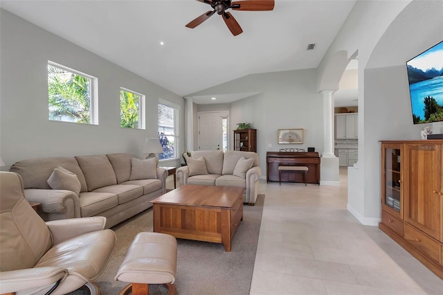 living area with decorative columns, arched walkways, a ceiling fan, lofted ceiling, and recessed lighting