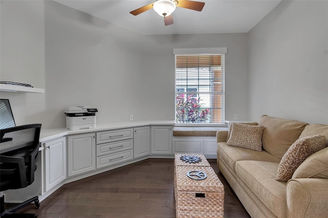 office area with dark wood-style floors and a ceiling fan