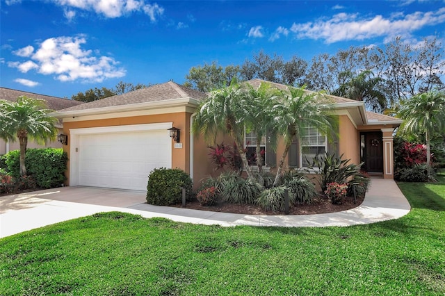 ranch-style house with a garage, a front yard, concrete driveway, and stucco siding