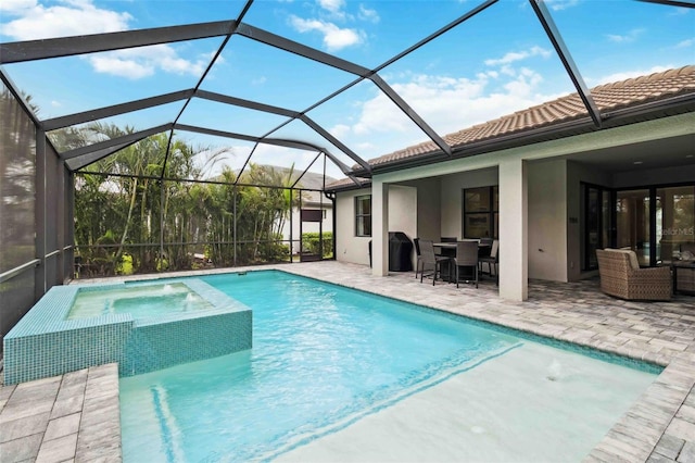 view of swimming pool with glass enclosure, a pool with connected hot tub, a patio area, and outdoor lounge area