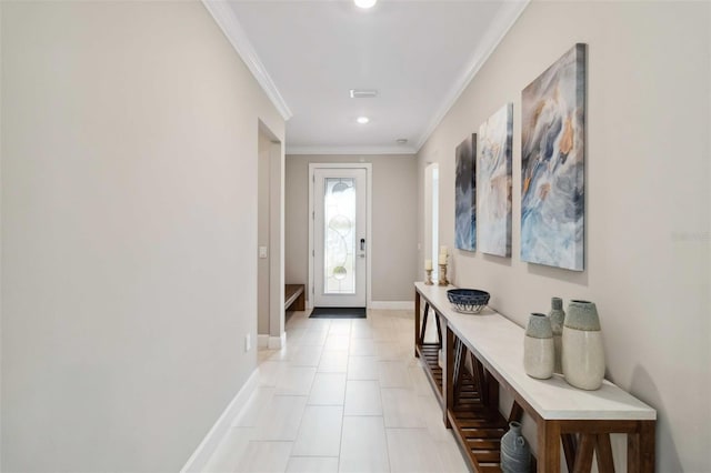 doorway with recessed lighting, crown molding, baseboards, and light tile patterned floors