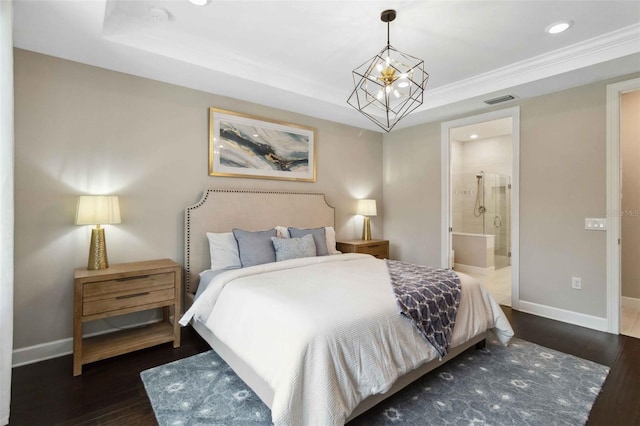 bedroom with dark wood-style floors, baseboards, visible vents, and a chandelier