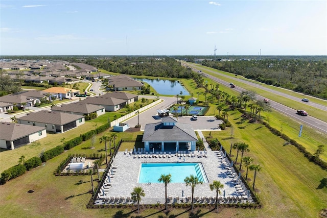 aerial view featuring a water view