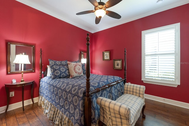 bedroom with ceiling fan, baseboards, wood finished floors, and crown molding