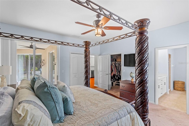 bedroom featuring light carpet, access to exterior, and a ceiling fan