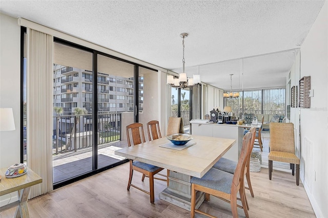 dining room featuring a chandelier, a wall of windows, wood finished floors, and a textured ceiling