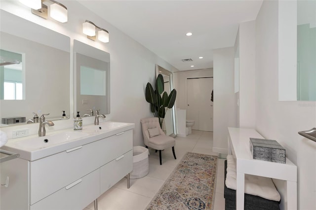 full bath with recessed lighting, visible vents, toilet, a shower stall, and tile patterned flooring