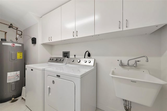 laundry room featuring water heater, a sink, cabinet space, and washer and dryer