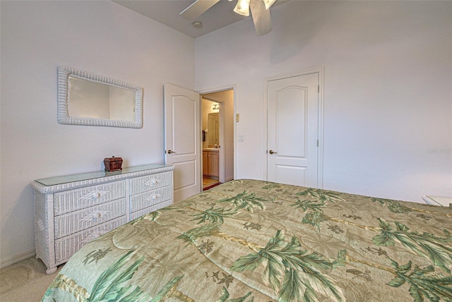 bedroom featuring ceiling fan, baseboards, and carpet flooring