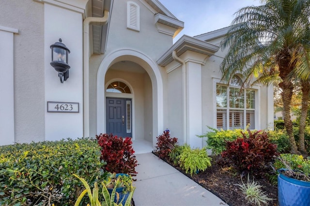 view of exterior entry featuring stucco siding