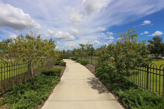 surrounding community with fence private yard and a lawn