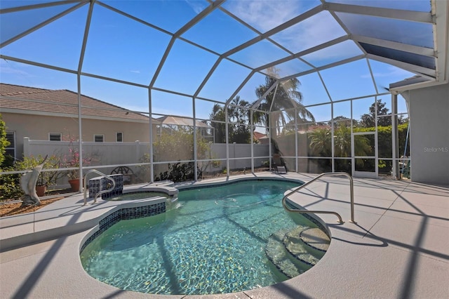 8420 Sailing Loop, Lakewood Ranch, FL 34202 - view of pool featuring a patio, fence, a pool with connected hot tub, and glass enclosure