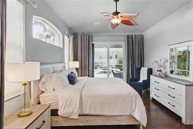 8420 Sailing Loop, Lakewood Ranch, FL 34202 - bedroom featuring lofted ceiling, dark wood finished floors, a ceiling fan, and access to outside