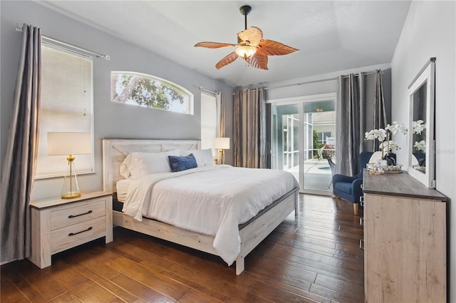 8420 Sailing Loop, Lakewood Ranch, FL 34202 - bedroom featuring access to exterior, dark wood-style floors, and a ceiling fan