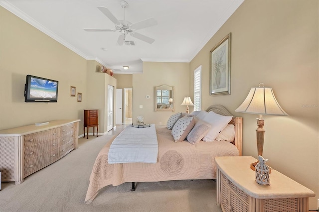 bedroom with light carpet, baseboards, visible vents, a ceiling fan, and crown molding