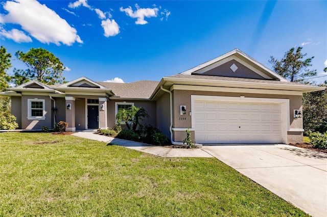 single story home with an attached garage, a front lawn, concrete driveway, and stucco siding