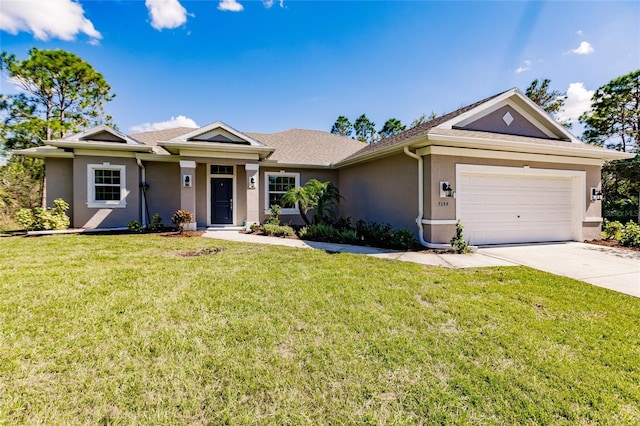 single story home with a garage, concrete driveway, a front lawn, and stucco siding