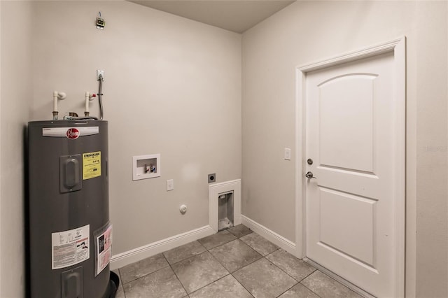 clothes washing area with light tile patterned floors, hookup for a washing machine, water heater, hookup for an electric dryer, and laundry area