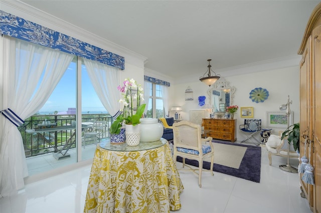 interior space with tile patterned floors and crown molding