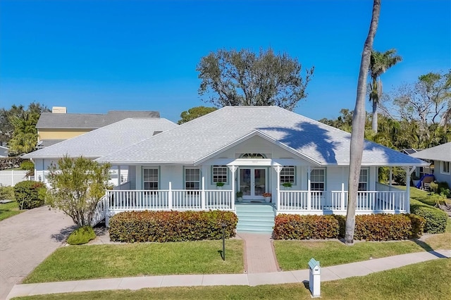 view of front of house with a shingled roof, a front yard, covered porch, and french doors