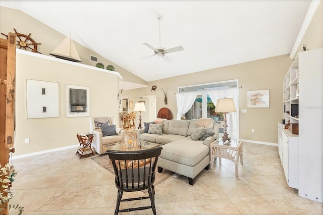 living area featuring ceiling fan, visible vents, vaulted ceiling, and baseboards