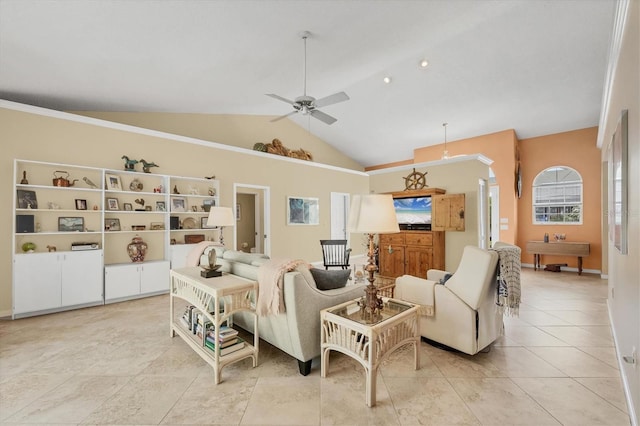 living room with lofted ceiling, ceiling fan, and light tile patterned floors