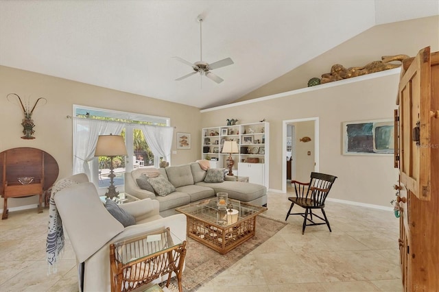 living room featuring baseboards, vaulted ceiling, and a ceiling fan