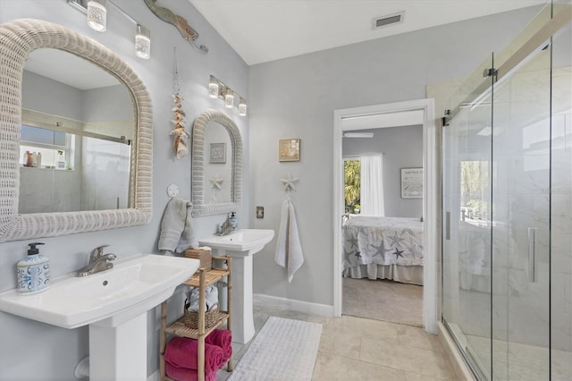 bathroom featuring a stall shower, ensuite bath, visible vents, and tile patterned floors