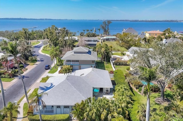 aerial view featuring a water view and a residential view