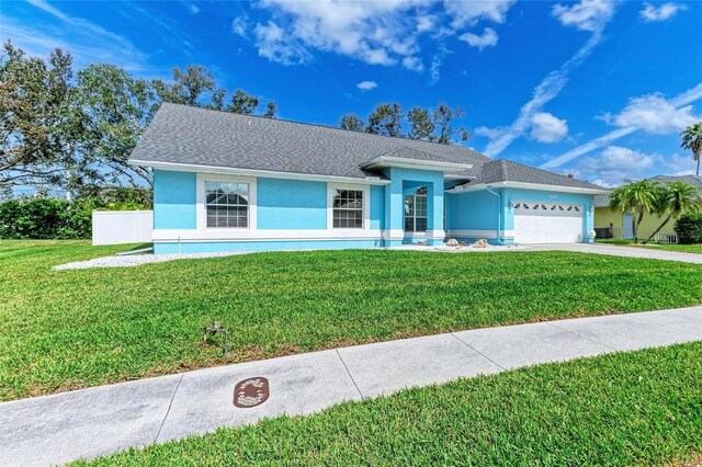 ranch-style house with a shingled roof, concrete driveway, stucco siding, an attached garage, and a front yard