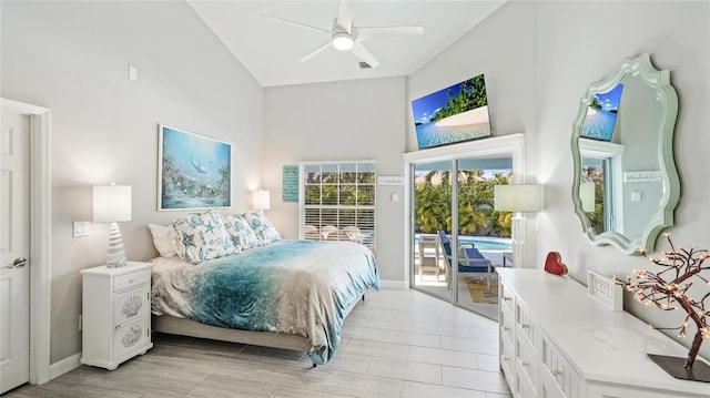 bedroom with access to exterior, high vaulted ceiling, and a ceiling fan