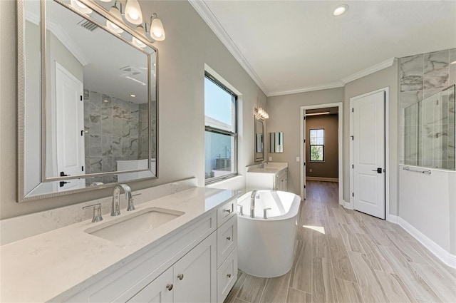 full bathroom with two vanities, ornamental molding, a sink, a shower stall, and a freestanding tub