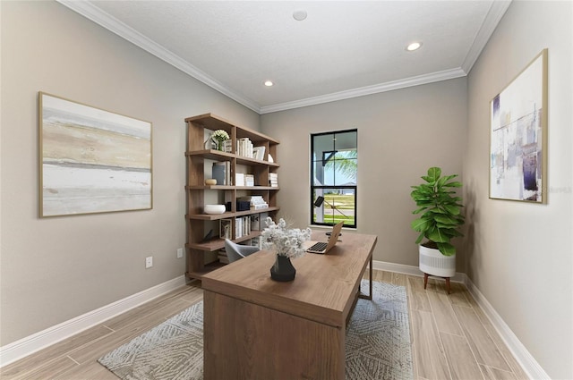 home office featuring crown molding, recessed lighting, wood tiled floor, and baseboards