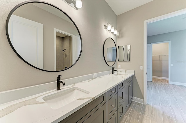 bathroom with a walk in closet, a sink, baseboards, and double vanity