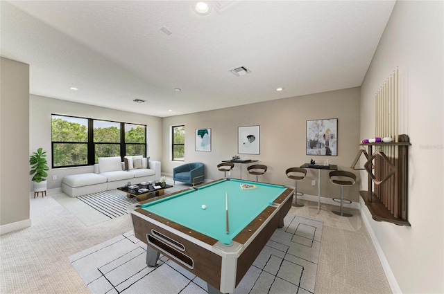 playroom with carpet floors, pool table, visible vents, and baseboards