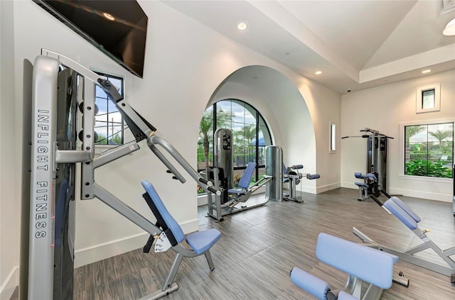 gym featuring baseboards, wood finished floors, lofted ceiling, and recessed lighting