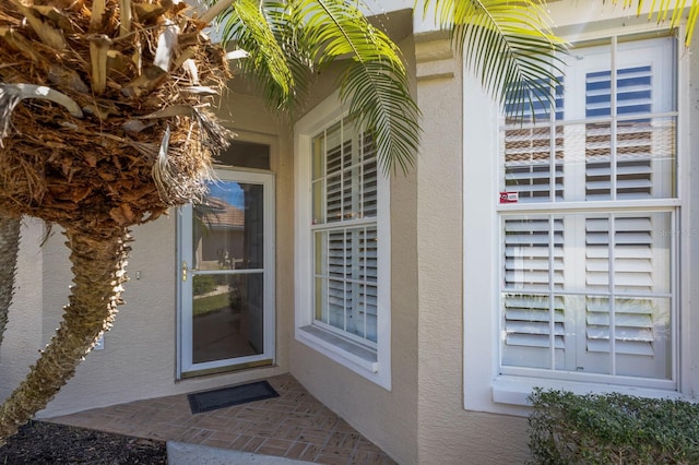 view of exterior entry with stucco siding