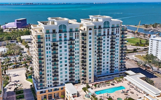 birds eye view of property featuring a water view