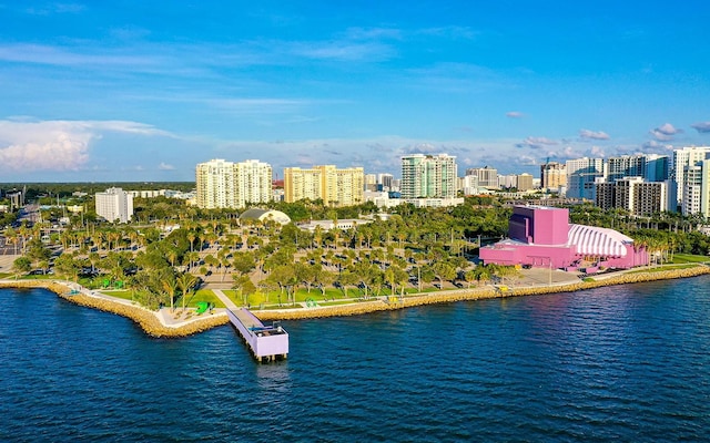 drone / aerial view featuring a view of city and a water view