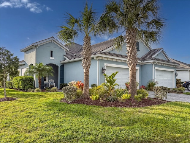 view of front facade with a garage, decorative driveway, a front lawn, and stucco siding