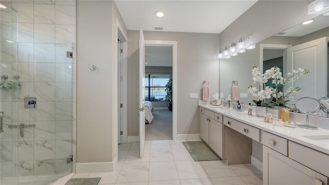 ensuite bathroom featuring visible vents, marble finish floor, double vanity, a stall shower, and ensuite bath