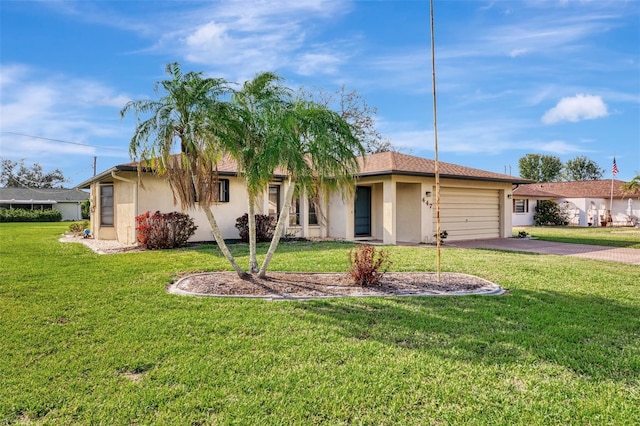 single story home featuring a garage, aphalt driveway, a front lawn, and stucco siding