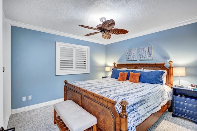 carpeted bedroom featuring a textured ceiling, ceiling fan, ornamental molding, and baseboards